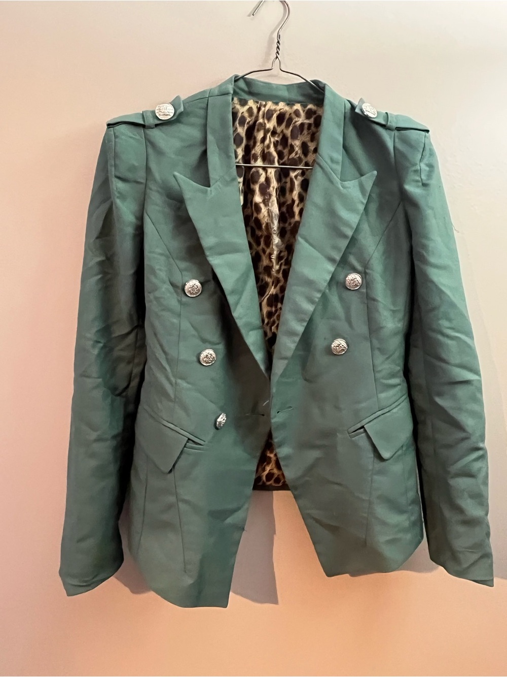 Double-Breasted Green Blazer with Leopard Lining
